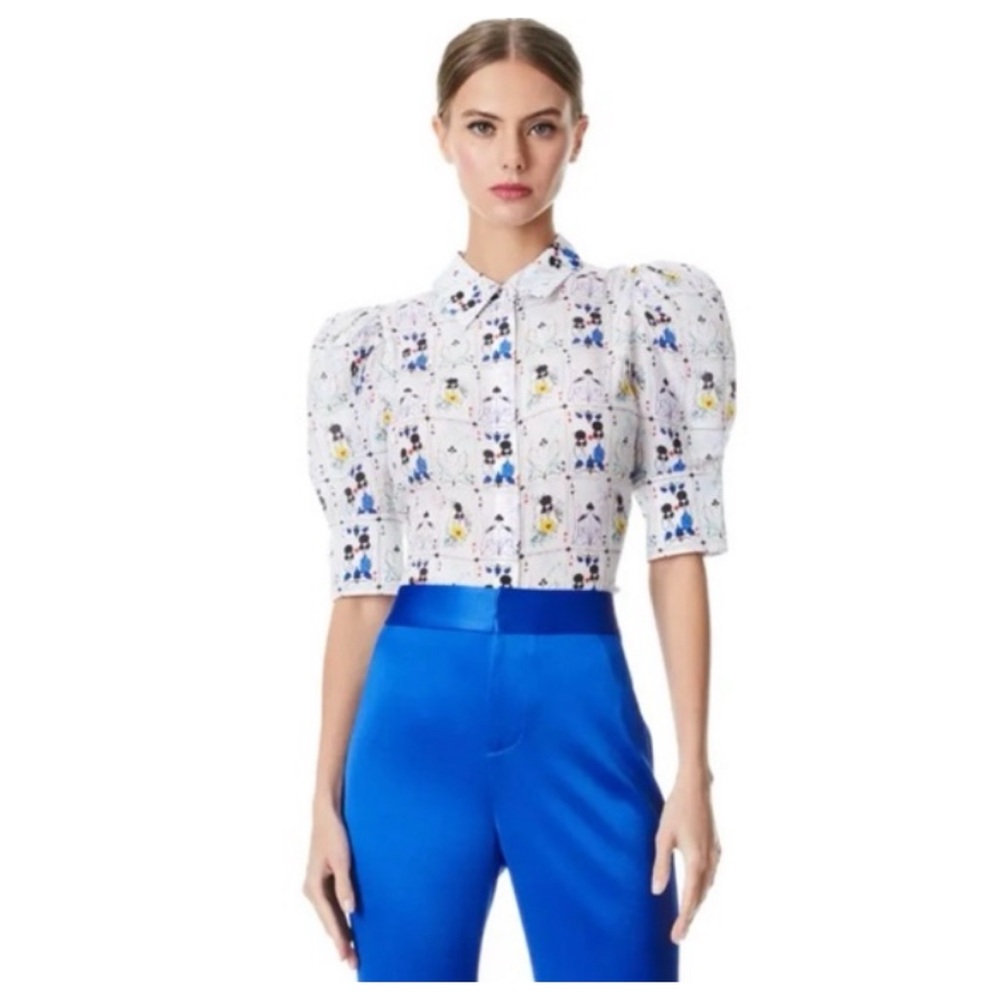 ALICE + OLIVIA Willa Printed Silk Puff Sleeve Top - Picture 6 of 13
